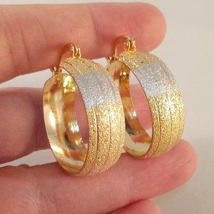 18K Yellow Gold Filled Etched Frosted Textured Hoop Earrings 31mm Party Gift